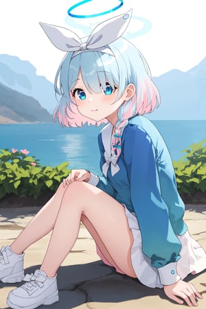 arona, 1girl, white hairband, bow hairband, halo, short hair, single braid,blue eyes, two-tone hair, multicolored hair, blue hair, pink hair if necessary,A girl with a cute face, loli, petite body, short height, blond hair, short hair, blue eyes, sitting