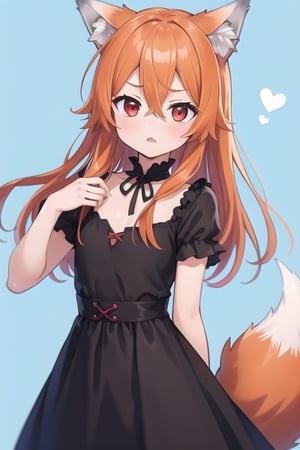 High quality, flawless, perfect, medieval, masterpiece, girl, young, cute, orange hair, long hair, red eyes, hair between eyes, wolf ears, (wolf tail), lively, pretending to be cute, confident, raised eyebrows, dress ,simple