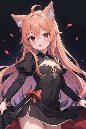 High quality, flawless, perfect, medieval, masterpiece, girl, young, cute, orange, long hair, red eyes, hair between eyes, wolf ears, lively, confident, dress, simple