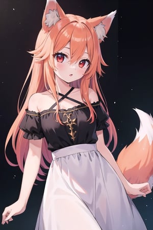 High quality, flawless, perfect, medieval, masterpiece, girl, young, cute, orange, long hair, red eyes, hair between eyes, wolf ears, (wolf tail), lively, confident, dress, simple