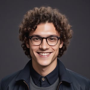 Portrait of a young man with curly dark hair, wearing glasses and a dark jacket. A smiling man looks into the camera.