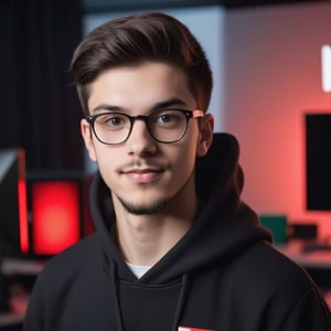 Portrait of a 20 year old young man with dark hair and small beard, wearing glasses and a dark hoodie, in a YouTube studio room. A man looks into the camera.