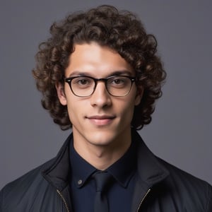 Portrait of a young man with curly dark hair, wearing glasses and a dark jacket. A man looks into the camera.