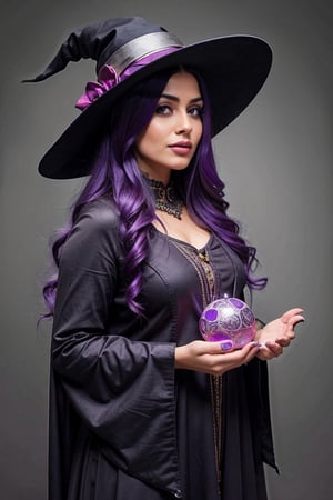 Realistic, 1girl, witch, magical, dark, spell, wizard, dark purple hair, hat, silver accents 
