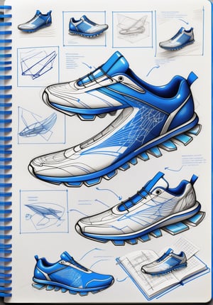 Design sketch of a futuristic running shoe with geometric shapes and lines in a blue colorway, in the technical drawing style drawn on a notebook page, with ink pen and pencil drawings and notes, with metallic accents, a drawing of an animal wing in the background, a drawing of marine life in the foreground, concept art.