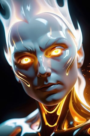 a bust portrait of a nice woman with a white fire on his face, fire gold eyes, looking softly to camera, unisex with flat breasts, wearing glossy latex, beautiful face, ethereal, digital art by tomasz alen kopera, a vfx art made in after effects, linear thin lines, trending on Artstation, digital art, ghost of the white fire spirit, white fire elemental, kind god, hair made of white fire, white fire gods, body made of white fire