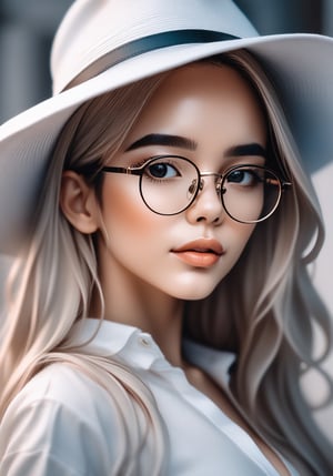 a close up of a woman wearing glasses and a white hat, with glasses, ig model | artgerm, beautiful girl model, glasses, beautiful model girl, with square glasses, with black eyeglasses, eyeglasses, with glasses on, captured on canon eos r 6, ( ( eye glasses ) ), 38mm photograhpy, artgerm moody photography