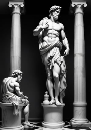 A series of hyper-realistic, photo-realistic black and white images depicting classical Greek sculptures of philosophers and gods with pensive and majestic expressions, each full-bodied sculpture dramatically lit to emphasize intricate details like curls in the hair and muscular contours, set against a dark, neutral backdrop to highlight the marble's glow and create a three-dimensional cinematic effect, evoking reverence and antiquity. Additionally, imagine these sculptures inside a majestic Greek temple with Doric columns under a partially cloudy sky, stone staircases leading to various temple levels adorned with detailed sculptures and friezes that narrate Greek myths, and a polished marble floor reflecting the grand figures. Surrounding olive trees and ancient urns enhance this historic setting, while scenes of citizens in togas engaging in philosophical discussions or religious rituals bring the scene to life.