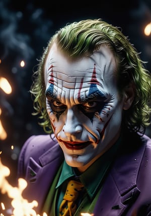 Joker risen from the ashes, sparks, 8k, hd, contour light, high contrast, depth of field, ultra detail, photorealism, cinematography, gigantism, from the first person, lots of details, dark tone, bokeh, epic frame, super realistic texture