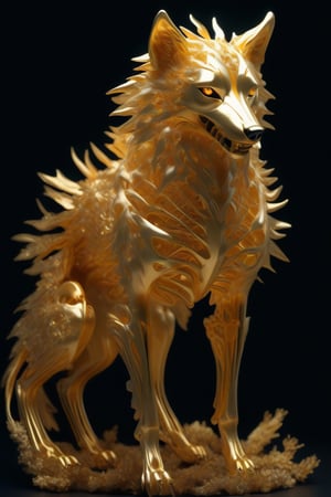 "Generate an image using StyleGAN of wolf bones gleaming in radiant gold. Envision the detailed skeletal structure of an wolf transformed into a dazzling and ethereal golden hue, capturing the majestic essence of these magnificent creatures. Optimize for a visually captivating composition that presents eagle bones in a surreal and enchanting display of golden brilliance through StyleGAN.",Wolf