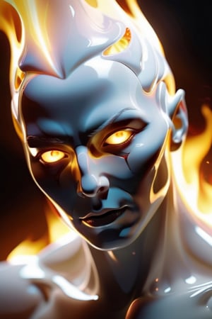 a bust portrait of a nice woman with a white fire on his face, fire gold eyes, looking softly to camera, unisex with flat breasts, wearing glossy latex, beautiful face, ethereal, digital art by tomasz alen kopera, a vfx art made in after effects, linear thin lines, trending on Artstation, digital art, ghost of the white fire spirit, white fire elemental, kind god, hair made of white fire, white fire gods, body made of white fire