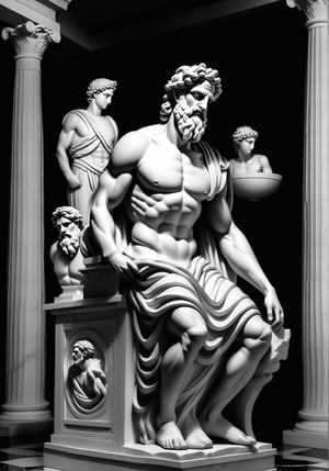 A series of hyper-realistic, photo-realistic black and white images depicting classical Greek sculptures of philosophers and gods with pensive and majestic expressions, each full-bodied sculpture dramatically lit to emphasize intricate details like curls in the hair and muscular contours, set against a dark, neutral backdrop to highlight the marble's glow and create a three-dimensional cinematic effect, evoking reverence and antiquity. Additionally, imagine these sculptures inside a majestic Greek temple with Doric columns under a partially cloudy sky, stone staircases leading to various temple levels adorned with detailed sculptures and friezes that narrate Greek myths, and a polished marble floor reflecting the grand figures. Surrounding olive trees and ancient urns enhance this historic setting, while scenes of citizens in togas engaging in philosophical discussions or religious rituals bring the scene to life.