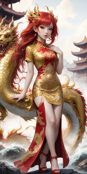 dragonyear, gold dragon-themed, 
Qipao ,1 girl, full body:1.1, (masterful),long red hair, detailed and intricate, , Glass Elements, looking_at_viewer, chinese girls, goth person, sfw, complex background, rock_2_img, bg_imgs, quality 32k,uhd, 