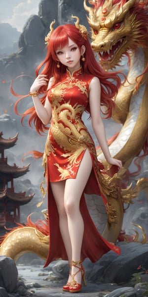 dragonyear, gold dragon-themed, 
Qipao ,1 girl, full body:1.1, (masterful),long red hair, detailed and intricate, , Glass Elements, looking_at_viewer, chinese girls, goth person, sfw, complex background, rock_2_img, bg_imgs, quality 32k,uhd, 