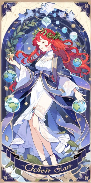 A goddess, eyes closed, very long red hair, with purple shawl and ribbon, gorgeous robe, floats in the center of the photo, holding the earth, surrounded by a circle of laurel crown leaves, space, (tarot card design), botanical illustration, classic, elegant flourish, Lofi art style, vintage, [(text that says "WORLD")], best quality, masterpiece, extremely detailed, intricate details, ,5 blue stars,tarot