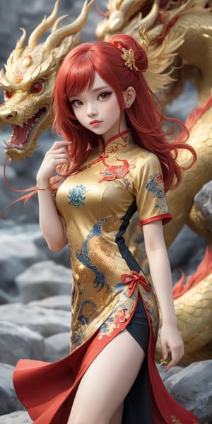 dragonyear, gold dragon-themed, 
Qipao ,1 girl, full body:1.1, (masterful),long red hair, detailed and intricate, , Glass Elements, looking_at_viewer, chinese girls, goth person, sfw, complex background, rock_2_img, bg_imgs, quality 32k,uhd, 