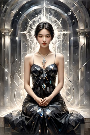 In the radiant glow of a sacred ambiance, geometric forms create an otherworldly realm. The protagonist, with a gentle smile and mysterious gesture, captivates onlookers. The enigmatic gesture evokes a sense of reverence, casting an aura of mystery across the entire piece. This artwork combines a divine atmosphere with geometric beauty, delivering a sublime experience that leaves viewers in awe