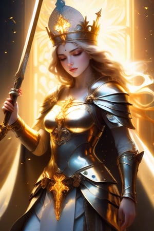 Goddess in golden armor with a cross symbol, holding a long sword in fire, wearing a golden crown, white cloak, sunlight behind heaven, oil painting style, sharp focus, emitting diodes, smoke, artillery , Sparkles, Racks, Perfect Compositions, Beautifully Detailed Complex Octane Renderings Popular on Art Sites, 8K Art Photography, Realistic Concept Art, Soft and Natural Volumetric Cinema Perfect Lighting, Chiaroscuro, Award Winning Photos