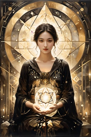 In the radiant glow of a sacred ambiance, geometric forms create an otherworldly realm. The protagonist, with a gentle smile and mysterious gesture, captivates onlookers. The enigmatic gesture evokes a sense of reverence, casting an aura of mystery across the entire piece. This artwork combines a divine atmosphere with geometric beauty, delivering a sublime experience that leaves viewers in awe