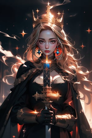 Goddess in golden armor with a cross symbol, Long red hair, 
 holding a long sword in fire, wearing a golden crown, white cloak, sunlight behind heaven, oil painting style, sharp focus, emitting diodes, smoke, artillery , Sparkles, Racks, Perfect Compositions, Beautifully Detailed Complex Octane Renderings Popular on Art Sites, 8K Art Photography, Realistic Concept Art, Soft and Natural Volumetric Cinema Perfect Lighting, Chiaroscuro, Award Winning Photos