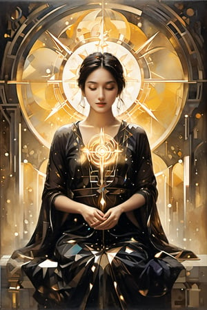 In the radiant glow of a sacred ambiance, geometric forms create an otherworldly realm. The protagonist, with a gentle smile and mysterious gesture, captivates onlookers. The enigmatic gesture evokes a sense of reverence, casting an aura of mystery across the entire piece. This artwork combines a divine atmosphere with geometric beauty, delivering a sublime experience that leaves viewers in awe