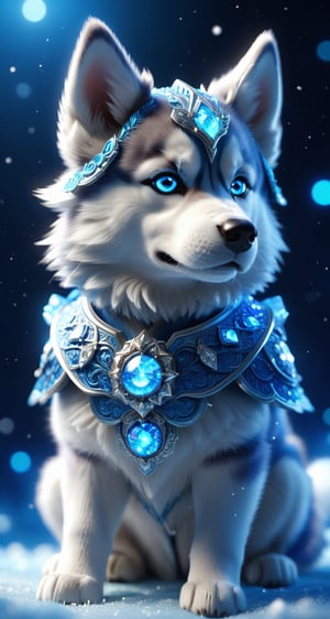 A Husky, small and cute,generate a celestial adorable non-human animal in the style of celestial and fantasy. the animal should be the most beautiful animal ever created. Consider details like fluffy with (snow, ice and diamonds (armour)) and shimmer and glimmer. Include subtle details of phantasmal iridescence. emphasize small details of fantasy and ornate diamonds. camera: utilize interesting and dynamic composition. enhance visual interest. lighting: use ambient lighting that enhances the ambiance of fantasy. include bright white and blue and deep shadows. hires, detailed eyes, hires detailed eyes, hires small details, ornate, intricate details, 8k, shimmer, unity, official cgi unreal engine, high resolution, (((masterpiece))), high quality, highres, detail enhancement, (bright and clear eyes), 