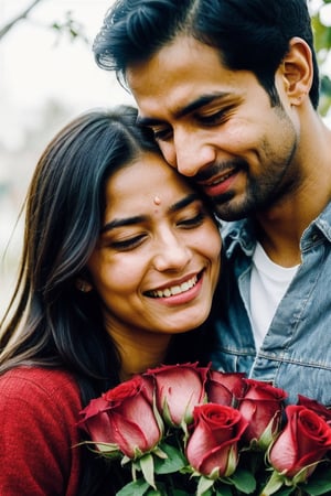 European beautiful cute BLONDE girl hugs a man holding RED roses and tears coming out of her eyes proposing an Indian man.
Emotional Picture 
TEARS FROM EYES SHOULD BE PRESENT, LITTLE CRYING FACE