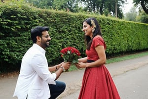 A poland beautiful girl proposing an Indian man like victory venkatesh with Red Roses