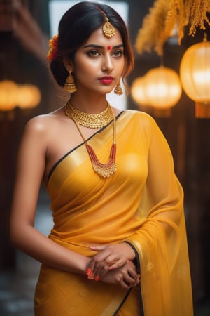 22 years girl,  hot,  sexy,  indian,  model,  Instagram model,  influencer,  haply face,  sharp jawline,  red lips,  cute looking,  killer eyes,  yellow velvet dress,  best quality,  masterpiece,  beautiful and aesthetic,  16K,  (HDR:1.4),  high contrast,  bokeh:1.2,  lens flare,  (vibrant color:1.4),  (muted colors,  dim colors,  soothing tones:0),  black eyes,  Exquisite details and textures,  cinematic shot,  Warm tone,  (Bright and intense:1.2),  wide shot,  by playai,  ultra realistic illustration,  siena natural ratio,  anime style,  yellow_saree,  Full length view,  Straight brown hair with blunt bangs,  brown	a Sheer Sarong Wrap,  wavy plastic clothes,  a beautiful indian girl,  Pale skin,  icy eyeshadow,  gold necklace,  big breasts,  femme fatale, vaddanam on her hip, thin little transparent saree and transparent blouse, people can slightly see her tits