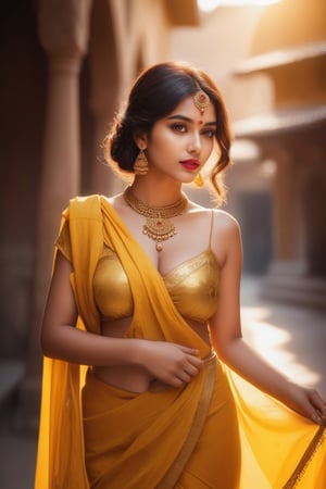 22 years girl,  hot,  sexy,  indian,  model,  Instagram model,  influencer,  haply face,  sharp jawline,  red lips,  cute looking,  killer eyes,  yellow velvet dress,  best quality,  masterpiece,  beautiful and aesthetic,  16K,  (HDR:1.4),  high contrast,  bokeh:1.2,  lens flare,  (vibrant color:1.4),  (muted colors,  dim colors,  soothing tones:0),  black eyes,  Exquisite details and textures,  cinematic shot,  Warm tone,  (Bright and intense:1.2),  wide shot,  by playai,  ultra realistic illustration,  siena natural ratio,  anime style,  yellow_saree,  Full length view,  Straight brown hair with blunt bangs,  brown	a Sheer Sarong Wrap,  wavy plastic clothes,  a beautiful indian girl,  Pale skin,  icy eyeshadow,  gold necklace,  big breasts, big round boobs,  femme fatale, visible boobs
