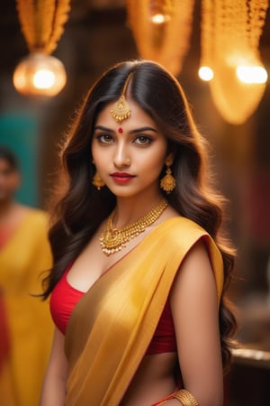 22 years girl,  hot,  sexy,  indian,  model,  Instagram model,  influencer,  haply face,  sharp jawline,  red lips,  cute looking,  killer eyes,  yellow velvet dress,  best quality,  masterpiece,  beautiful and aesthetic,  16K,  (HDR:1.4),  high contrast,  bokeh:1.2,  lens flare,  (vibrant color:1.4),  (muted colors,  dim colors,  soothing tones:0),  black eyes,  Exquisite details and textures,  cinematic shot,  Warm tone,  (Bright and intense:1.2),  wide shot,  by playai,  ultra realistic illustration,  siena natural ratio,  anime style,  yellow_saree,  Full length view,  Straight brown hair with blunt bangs,  brown	a Sheer Sarong Wrap,  wavy plastic clothes,  a beautiful indian girl,  Pale skin,  icy eyeshadow,  gold necklace,  big breasts,  femme fatale, vaddanam on her hip, thin saree and blouse