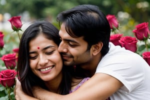 European beautiful girl hugs a man holding roses and tears coming out of her eyes proposing an Indian man. 