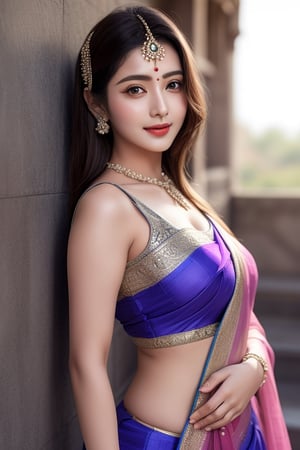 curvy korean women in Indian saree cute beautiful with transparent saree, with tilak on forehead head, ultra realistic human