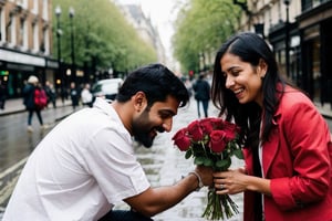 A london beautiful girl proposing an Indian man. she is giving red roses to him and crying for his love. A dragon blessing them with rose rain