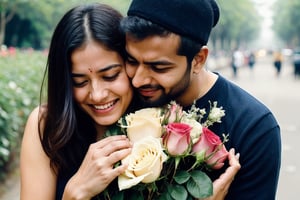 European beautiful cute girl hugs a man holding roses and tears coming out of her eyes proposing an Indian man.
Emotional Picture 