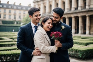 A london beautiful queen hugs a man holding roses and tears coming out of her eyes proposing an Indian man. 