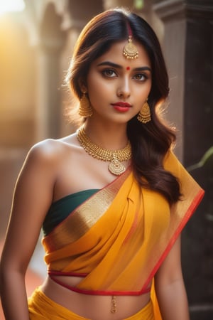 22 years girl,  hot,  sexy,  indian,  model,  Instagram model,  influencer,  haply face,  sharp jawline,  red lips,  cute looking,  killer eyes,  yellow velvet dress,  best quality,  masterpiece,  beautiful and aesthetic,  16K,  (HDR:1.4),  high contrast,  bokeh:1.2,  lens flare,  (vibrant color:1.4),  (muted colors,  dim colors,  soothing tones:0),  black eyes,  Exquisite details and textures,  cinematic shot,  Warm tone,  (Bright and intense:1.2),  wide shot,  by playai,  ultra realistic illustration,  siena natural ratio,  anime style,  yellow_saree,  Full length view,  Straight brown hair with blunt bangs,  brown	a Sheer Sarong Wrap,  wavy plastic clothes,  a beautiful indian girl,  Pale skin,  icy eyeshadow,  gold necklace,  big breasts, big round boobs,  femme fatale, vaddanam on her hip, thin little transparent saree and transparent blouse, visible share of tits from blouse
