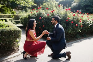 A portugese girl proposing an Indian man with Red Roses