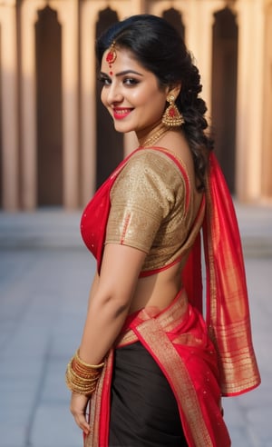  beautiful chubby and curvy, big boobs, big cleavage, detailed_background , 32k , 8k , masterpiece , high_resolution , beautiful , black_long_hairs ,women wearing indian ornaments, standing near temple
happy laugh must be traditional full saree, the saree should be full of work with bridal designs, full blouse, saree must be like Seethas saree like south Indian wear. black round design on left cheek, black round black tatto on left cheek, no free hair, Put black bindi on left cheek
put black bindi on LEFT CHEEK