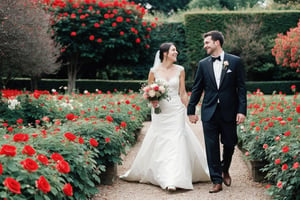 two beatiful couple in a red rose garden