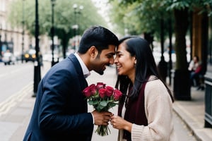 A london beautiful girl proposing an Indian man. she is giving red roses to him and crying for his love