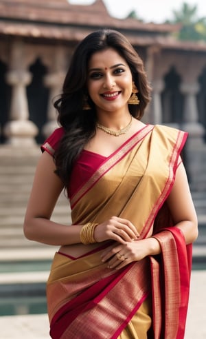  beautiful chubby and curvy, big boobs, big cleavage, detailed_background , 32k , 8k , masterpiece , high_resolution , beautiful , black_long_hairs ,women wearing indian ornaments, standing near temple
happy laugh must be traditional full saree, the saree should be full of work with bridal designs, full blouse, saree must be like Seethas saree like south Indian wear