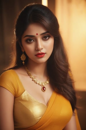 22 years girl,  hot,  sexy,  indian,  model,  Instagram model,  influencer,  haply face,  sharp jawline,  red lips,  cute looking,  killer eyes,  yellow velvet dress,  best quality,  masterpiece,  beautiful and aesthetic,  16K,  (HDR:1.4),  high contrast,  bokeh:1.2,  lens flare,  (vibrant color:1.4),  (muted colors,  dim colors,  soothing tones:0),  black eyes,  Exquisite details and textures,  cinematic shot,  Warm tone,  (Bright and intense:1.2),  wide shot,  by playai,  ultra realistic illustration,  siena natural ratio,  anime style,  yellow_saree,  Full length view,  Straight brown hair with blunt bangs,  brown	a Sheer Sarong Wrap,  wavy plastic clothes,  a beautiful indian girl,  Pale skin,  icy eyeshadow,  gold necklace,  big breasts,  femme fatale,
