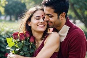 European beautiful cute BLONDE girl hugs a man holding RED roses and tears coming out of her eyes proposing an Indian man.
Emotional Picture 