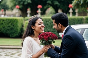 A london beautiful queen proposing an Indian man. she is giving red roses to him and crying for his love. A dragon blessing them with rose rain