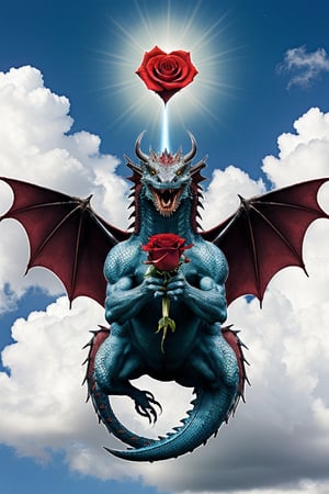 Dragon holding a red rose in his mouth flying in the sky spreading the love energy to the world