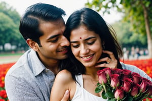 European beautiful cute girl hugs a man holding RED roses and tears coming out of her eyes proposing an Indian man.
Emotional Picture 