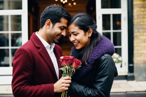 A london beautiful girl proposing an Indian man. she is giving red roses to him and crying for his love
