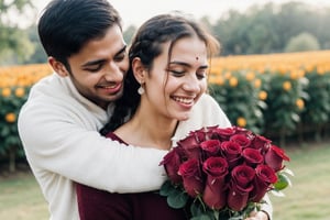 European beautiful cute BLONDE girl (BRAID) hugs a man holding RED roses and tears coming out of her eyes proposing an Indian man, with crying face
Emotional Picture 