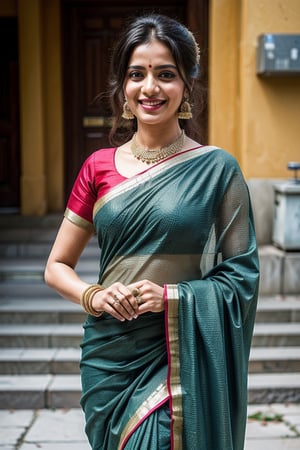 detailed_background , 32k , 8k , masterpiece , high_resolution , beautiful , black_long_hairs ,women wearing indian ornaments, standing near temple
happy laugh must be traditional full saree, the saree should be full of work with bridal designs, full blouse, saree must be like Seethas saree like south Indian wear
saree colour must be green